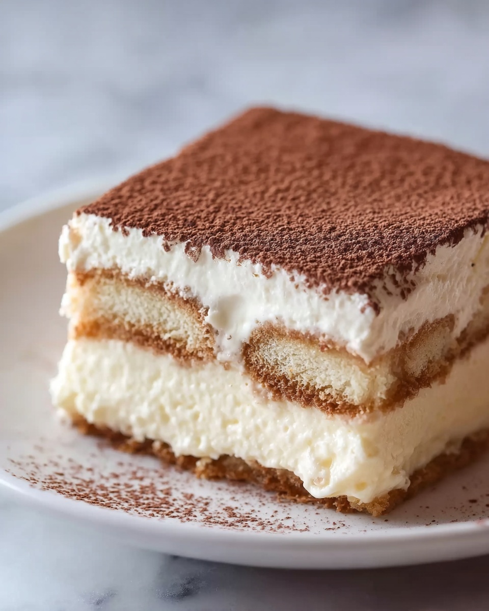 A close-up of a square piece of layered dessert on a white plate shows three clear layers: the bottom and middle layers are light brown sponge soaked in liquid, the two creamy layers in between them are off-white and smooth, topped with a thick dusting of fine brown powder evenly covering the whole top. The edges show the contrast between the soft cream and the soaked sponge, and the background is a white marbled surface. photo taken with an iphone --ar 4:5 --v 7