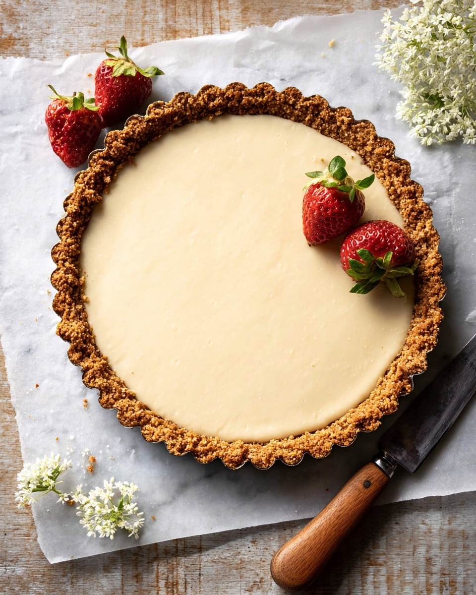 A tart with two layers is shown on white parchment paper on a white marbled surface. The bottom layer is a crumbly, golden brown crust with a scalloped edge. The top layer is smooth and creamy, pale beige in color, filling the crust evenly. Two bright red strawberries with green leaves rest beside the tart on the left side. On the right, there is a wooden-handled knife with a silver blade, and small white flowers scattered around it. Photo taken with an iphone --ar 4:5 --v 7