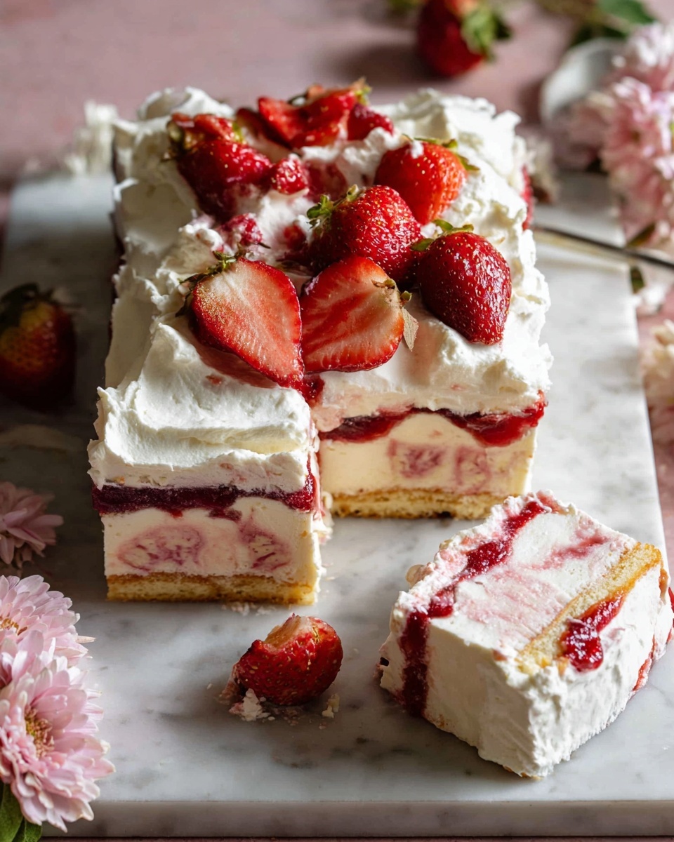 Strawberry Icebox Cake Recipe 5 The image shows a layered strawberry dessert with three main layers on a white marbled surface. The bottom layer is a golden brown crust, the middle layer is thick white cream mixed with red strawberry jam swirls, and the top layer is a layer of white fluffy cream. Fresh red strawberries, some whole and some sliced in half, are scattered on top of the cream layer. The dessert is cut into square pieces, with one piece separated to show the inside layers clearly. The top cream layer is smooth but slightly messy, with some cream overflowing on the sides. There are soft pink flowers placed nearby, adding a delicate touch. Photo taken with an iphone --ar 4:5 --v 7