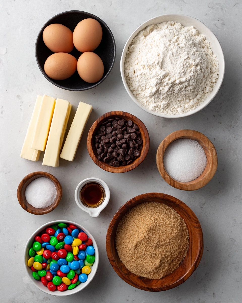 A flat lay of baking ingredients arranged on a white marbled surface includes eight separate containers and sticks. At the top right, a white bowl filled with white flour shows a slightly rough texture. To the top left, a small black bowl holds three light brown eggs with smooth shells. Below the eggs are three sticks of light cream-colored butter stacked neatly. In the center, a medium wooden bowl contains small, dark brown chocolate chips. To the right of it, a wooden bowl is filled with fine white granulated sugar. Below the sugar is another wooden bowl holding tightly packed light brown sugar. At the bottom left, a white cup holds colorful candy-coated chocolates in red, blue, yellow, green, and orange. Three small wooden bowls to the left contain salt, baking soda, and vanilla extract, respectively, each showing their distinct textures. photo taken with an iphone --ar 4:5 --v 7
