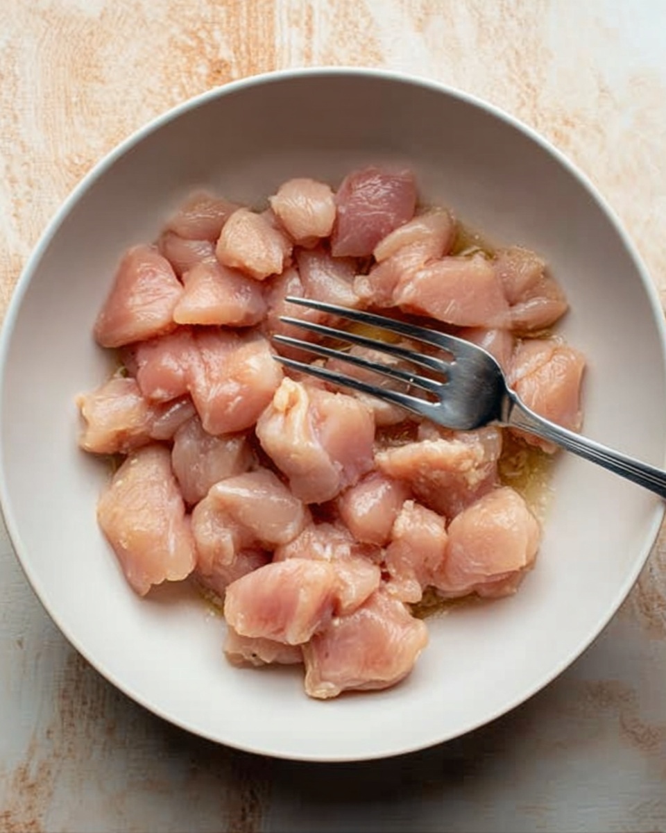 The image shows a white bowl filled with small pieces of light pink raw chicken meat. The pieces are uneven in size and have a slight shine from moisture or marinade. A silver fork is placed inside the bowl on the right side, with a woman's hand holding the handle. The bowl is set on a white marbled surface with subtle textures and brown tones around the edges visible below the bowl. Photo taken with an iphone --ar 4:5 --v 7