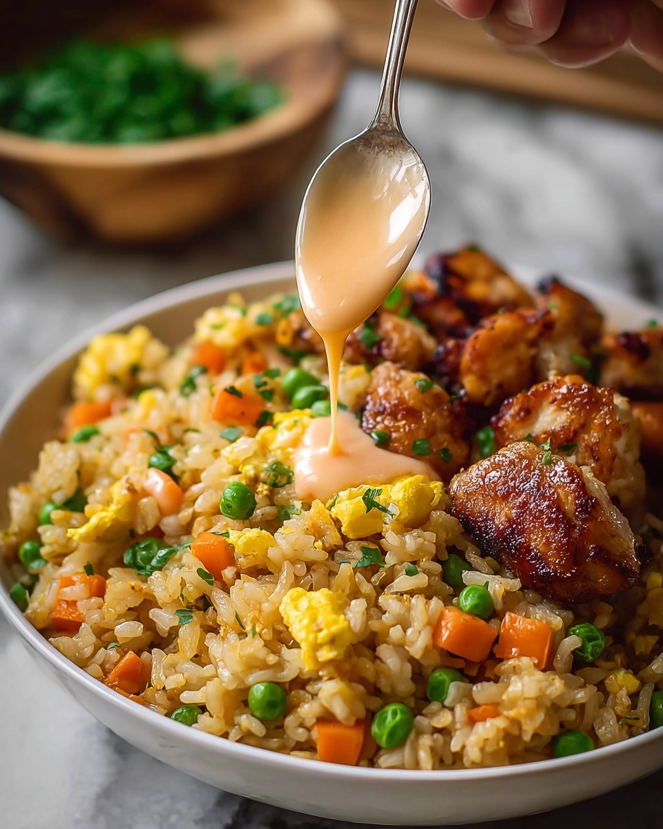 A close-up of a bowl filled with golden fried rice mixed with cooked orange carrot cubes, bright green peas, and pieces of scrambled yellow egg. On top of the rice are browned, slightly shiny chicken pieces with a crispy texture. A silver spoon held by a woman's hand pours a light orange creamy sauce over the center of the rice. The bowl is white and sits on a surface with a white marbled texture. In the background, there is a soft-focus view of a wooden bowl with green herbs. photo taken with an iphone --ar 4:5 --v 7