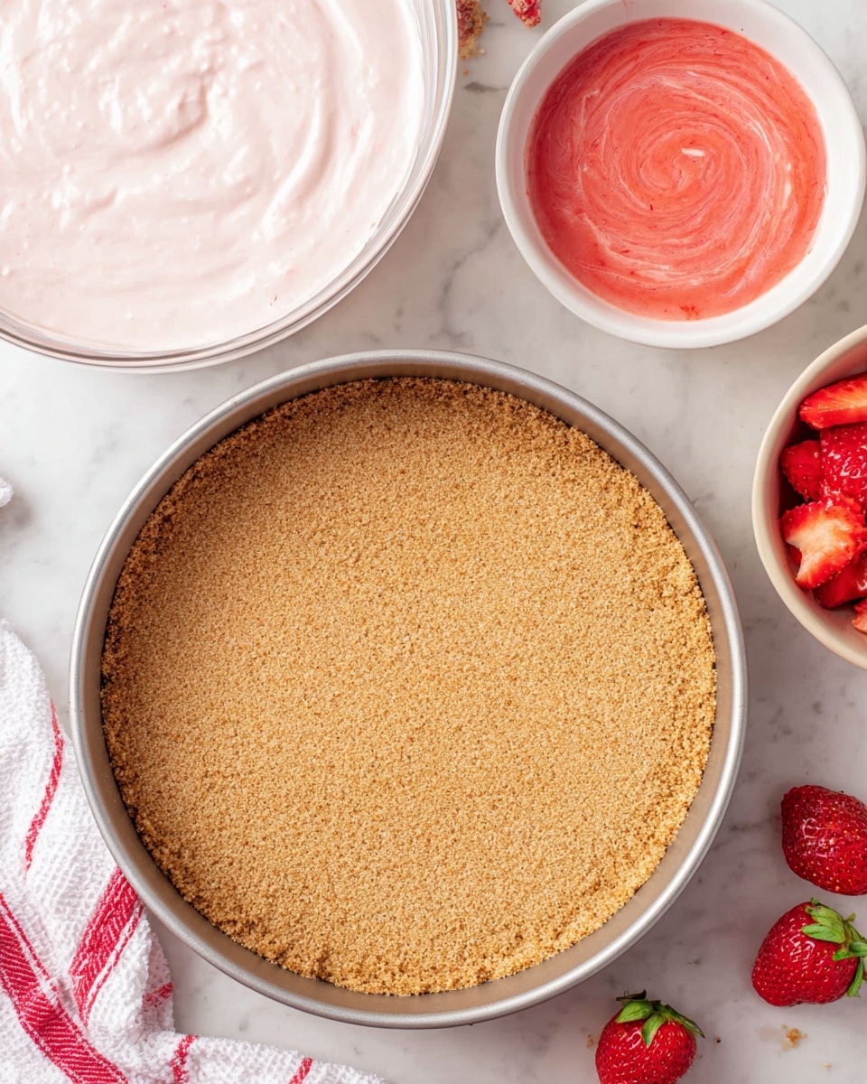 No Bake Strawberry Cheesecake Recipe 4 The image shows the start of a strawberry cheesecake preparation on a white marbled surface, featuring a single round layer of light brown crumb crust pressed evenly inside a metal springform pan. To the top left, there is a bowl filled with smooth, pale pink creamy mixture, and next to it, a small white bowl with a swirl of more vibrant pink strawberry sauce inside. Fresh whole strawberries are placed nearby, with a few sliced strawberry pieces visible at the bottom right. A white and red striped cloth is partially visible at the bottom left. Photo taken with an iphone --ar 4:5 --v 7