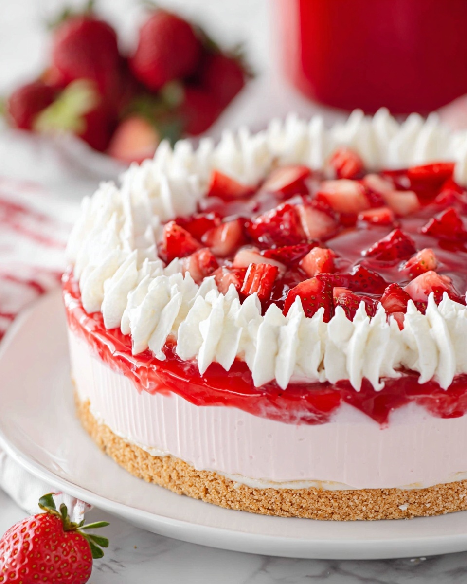 No Bake Strawberry Cheesecake Recipe 5 A three-layer dessert is shown in a white plate on a white marbled surface. The bottom layer is a light brown crumbly crust, the middle layer is a smooth, pale pink creamy filling, and the top layer is bright red with whole and chopped strawberries in a shiny glaze. Around the edge of the dessert, a woman's hand has piped white whipped cream in tall, pointed swirls forming a continuous ring. In the background, fresh strawberries and a red container filled with strawberries are slightly blurred. Photo taken with an iphone --ar 4:5 --v 7