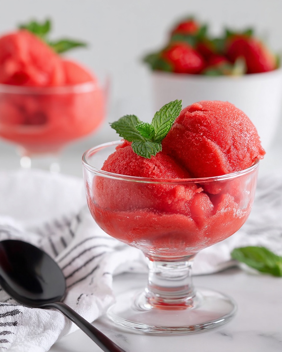 A dark rectangular pan filled with one thick layer of bright red strawberry sorbet with a smooth texture, holding a metal ice cream scoop in the center lifting a rounded scoop of the sorbet; around the pan on the white marble surface, there are small white bowls with a coarse texture full of white sugar and bright red fresh strawberries, some sliced, all with vibrant color, and a light beige cloth partially folded nearby. Photo taken with an iphone --ar 4:5 --v 7