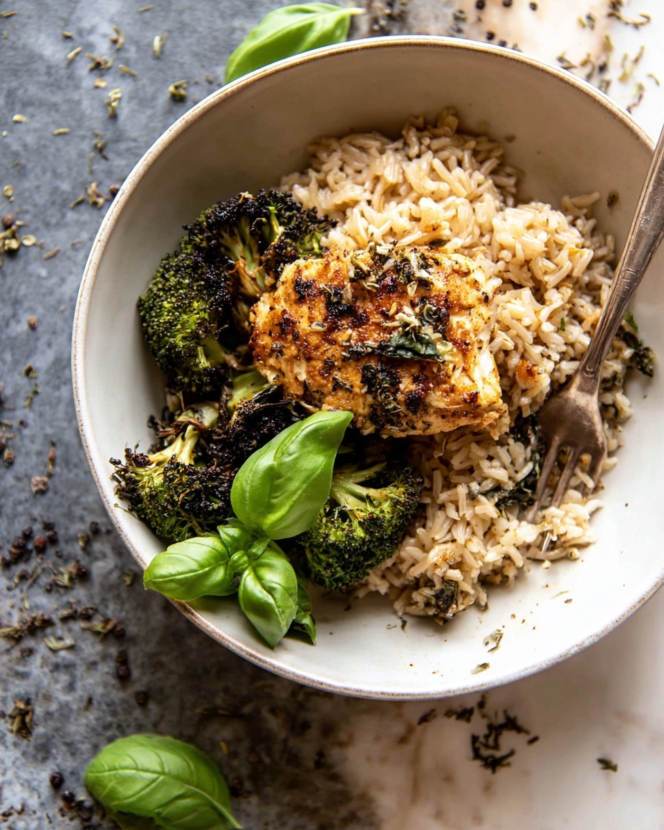 One Pan Lemon Pepper Yogurt Chicken and Rice Recipe 5 A white bowl contains one serving of cooked rice with a light brown color, mixed with small pieces of roasted broccoli that are dark green with charred edges. On top of the rice sits a single piece of seasoned, golden-brown chicken with a slightly crispy texture, garnished with tiny bits of herbs and spices. A small bunch of fresh bright green basil leaves lies beside the chicken, adding contrast. A silver fork rests on the right side in the rice, with two broccoli pieces nearby. The bowl is placed on a white marbled surface with scattered black pepper around. Photo taken with an iphone --ar 4:5 --v 7