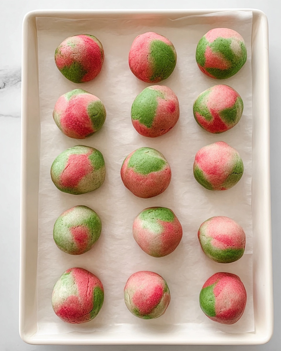 Matcha Marble Cookies With Strawberry Icing Recipe 4 Fifteen round dough balls with a marbled look of pink and green colors mix together on a white tray lined with white parchment paper; each dough ball has the pink and green colors blending in irregular shapes all over their smooth surfaces, with soft texture visible, arranged in a neat grid pattern on the tray, all resting on a white marbled background photo taken with an iphone --ar 4:5 --v 7