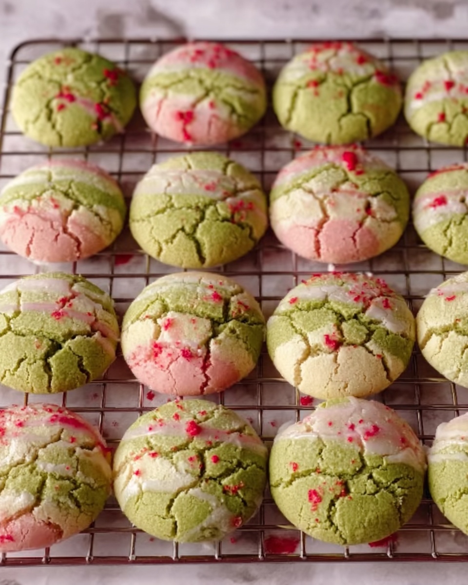 Matcha Marble Cookies With Strawberry Icing Recipe 5 The image shows green cookies with a cracked texture arranged on a black wire cooling rack placed on a white marbled surface. Each cookie has two layers of topping: one side is covered with a smooth pink glaze, while the other has a shiny green line. Some cookies are sprinkled with small red crunchy bits scattered mainly over the pink glaze. The edges of the cookies are slightly golden, contrasting with their green centers. A few dried red strawberry slices are placed nearby, adding a pop of color to the scene. Photo taken with an iphone --ar 4:5 --v 7