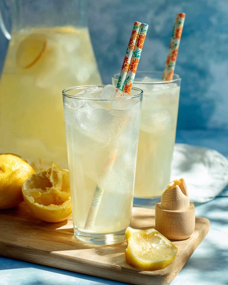 The image shows two tall clear glasses filled with pale yellow lemonade and ice cubes, each with a colorful paper straw decorated with orange and green floral patterns. The glasses stand on a soft blue surface with a bright white marbled texture in the background. In front of the glasses on a wooden cutting board, there is a squeezed lemon half and a wooden lemon juicer with juice and pulp residues. Behind the glasses, a large clear pitcher also filled with pale yellow lemonade is partially visible. The sunlight highlights the cold freshness of the drink, casting gentle shadows. Photo taken with an iphone --ar 4:5 --v 7