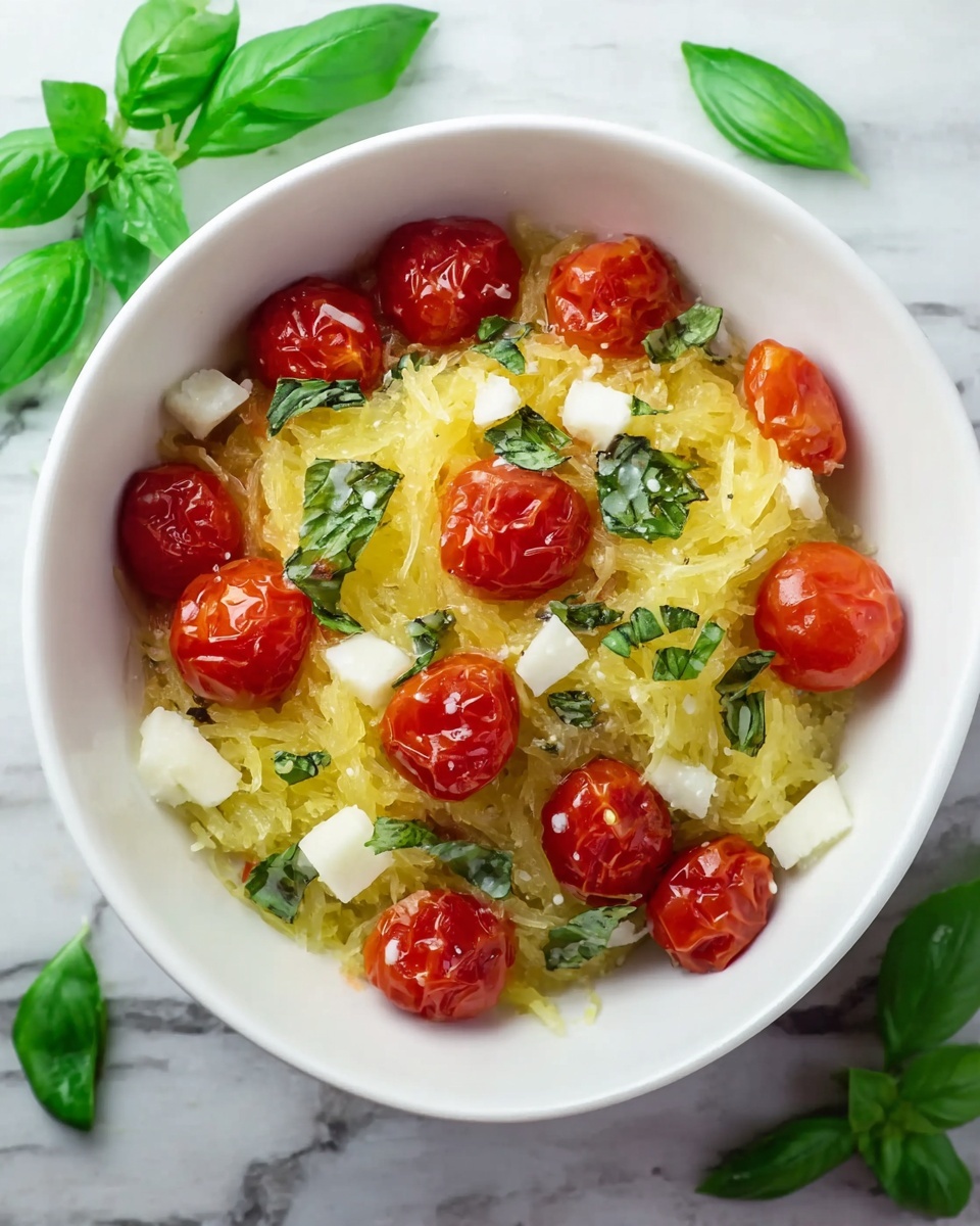 The image shows a white bowl filled with a dish made of light yellow shredded spaghetti squash layered at the bottom, topped with bright red whole cherry tomatoes scattered evenly. There are small white cubes of cheese spread over the top and thinly sliced green fresh basil leaves mixed throughout and garnishing the dish. The bowl sits on a white marbled surface with a few fresh basil leaves around it for decoration. The photo taken with an iphone --ar 4:5 --v 7