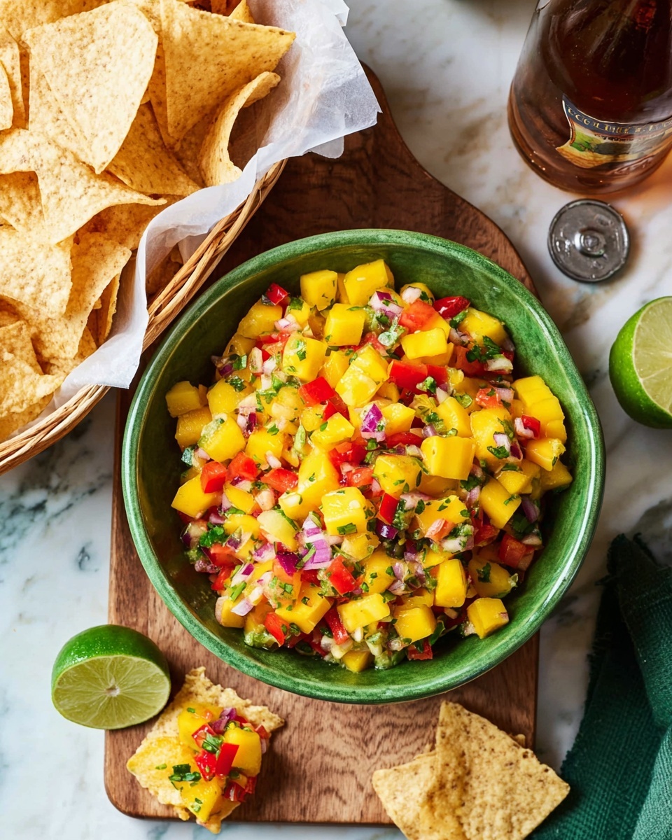 A green bowl filled with a colorful salsa made of three main layers: bright yellow mango cubes, red bell pepper pieces, and small bits of purple onion mixed with chopped green herbs. The bowl sits on a wooden cutting board with a halved lime and a whole lime beside it, along with a silver bottle cap. To the left, there is a basket lined with white paper holding many light golden tortilla chips, with one chip on the cutting board topped with a small amount of the salsa. The setting is on a white marbled surface with a brown glass bottle and a green cloth nearby. Photo taken with an iphone --ar 4:5 --v 7