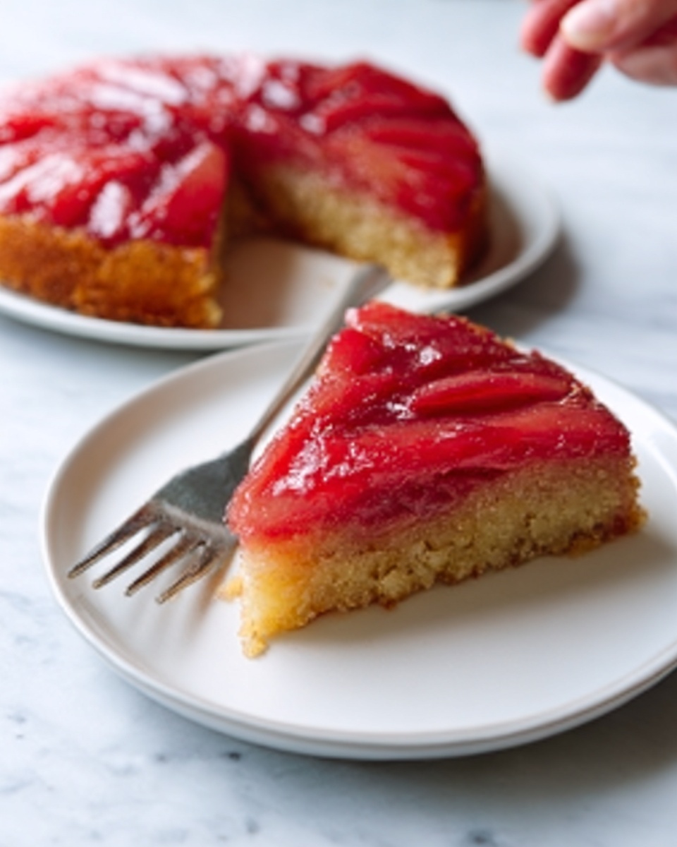 A single slice of upside-down cake is placed on a plain white plate, showing two clear layers: a glossy, shiny red fruit topping with visible slices arranged neatly on top, and a light golden brown cake layer beneath. A silver fork is placed diagonally next to the slice on the plate. In the background, the rest of the cake is partially visible on another white plate on a white marbled surface. A woman's hand holding a fork is about to take the slice. Photo taken with an iphone --ar 4:5 --v 7