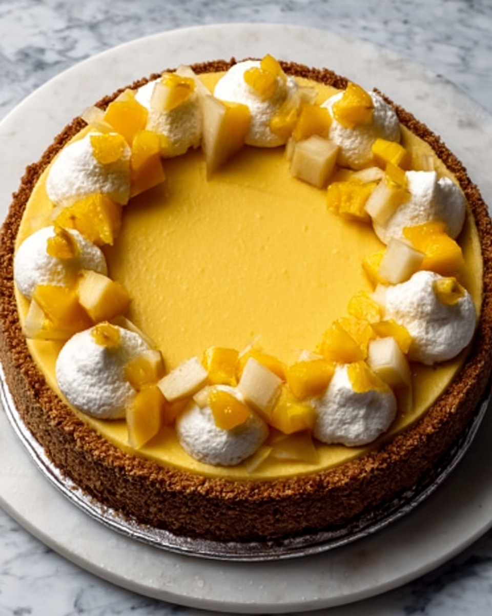 A round dessert with a crumbly brown crust forming the base, filled with a smooth, bright yellow layer that looks creamy. On top, dollops of white cream are placed evenly around the edge, each topped with small yellow fruit pieces and chunks of pale-colored fruit, creating a colorful ring. The dessert sits on a white marbled surface. Photo taken with an iphone --ar 4:5 --v 7