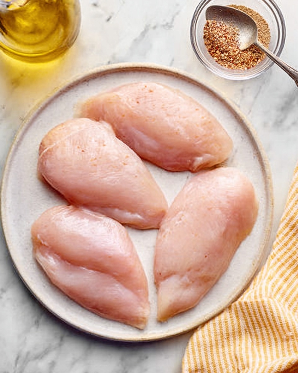 The image shows four raw chicken fillets placed in a round white plate. The fillets are smooth and pale pink in color with a slight shine. The plate sits on a white marbled surface with a small glass bowl containing spice mix and a silver spoon on the upper right side. There is a small bottle of oil visible in the top left corner. A yellow and white striped cloth is partially visible on the bottom right side. Photo taken with an iphone --ar 4:5 --v 7