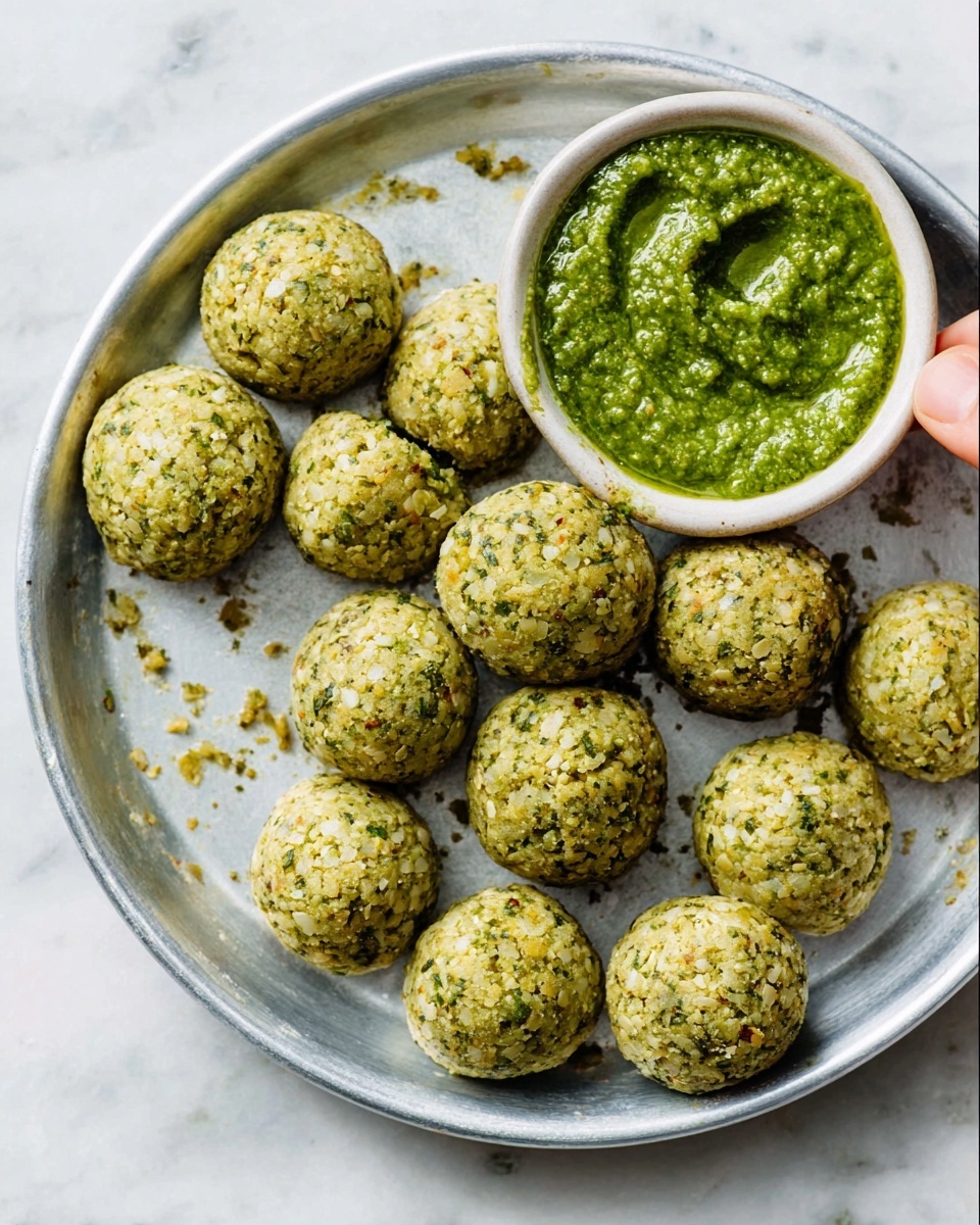 The image shows a shiny silver tray on a white marbled surface, filled with round, light green falafel balls that have a coarse texture with small bits of herbs visible. In the top right corner of the tray is a small white bowl holding a thick green sauce with a slightly grainy texture. The falafel balls are scattered loosely around the bowl. A woman's hand holding a falafel ball is visible at the bottom edge of the tray. photo taken with an iphone --ar 4:5 --v 7