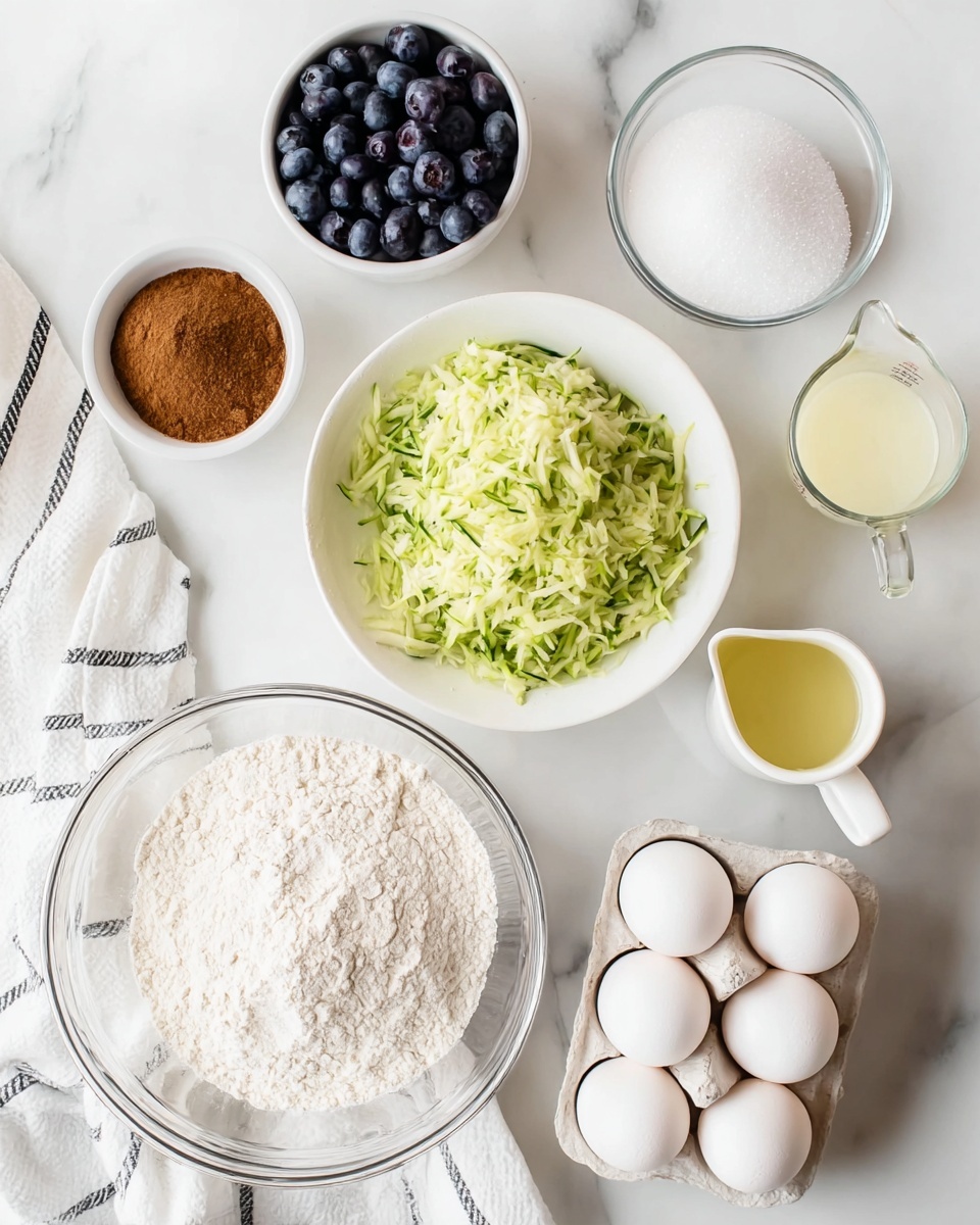 A top view of six baking ingredients arranged on a white marbled surface. On the bottom left, there is a large clear glass bowl filled with white flour and a small heap of brown cinnamon powder on top. Just above that, a white bowl holds shredded green zucchini pieces, showing a mix of light green and dark green skin. To the top left, a small white bowl is full of ripe, deep blue blueberries. On the right side, a clear measuring cup contains a pale yellow liquid, likely oil, next to a white egg carton with three whole white eggs. Above the eggs, a small white mug filled with white granulated sugar stands. A white cloth with black stripes is placed near the bottom edge. Photo taken with an iphone --ar 4:5 --v 7