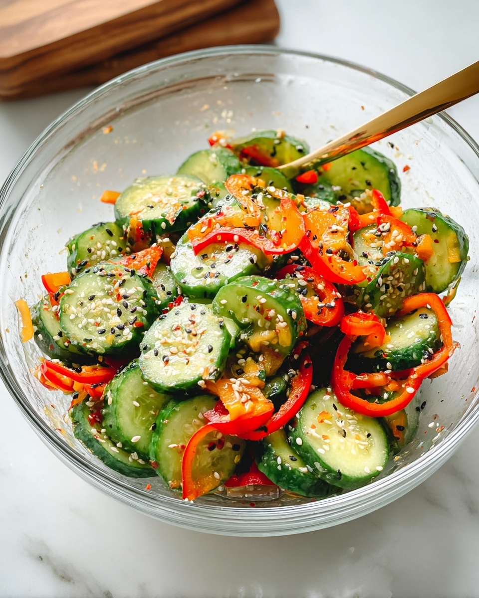 A clear glass bowl holds a fresh salad with two main layers: thick, bright green cucumber slices with smooth, shiny skin, and thin rings of red and orange mini bell peppers, bright and slightly glossy. Black and white sesame seeds and small bits of seasoning are scattered all over the salad, adding texture and contrast. A gold fork is partially inside the bowl on the right side, mixing the ingredients. The bowl sits on a white marbled surface with a wooden item blurred in the background. Photo taken with an iphone --ar 4:5 --v 7
