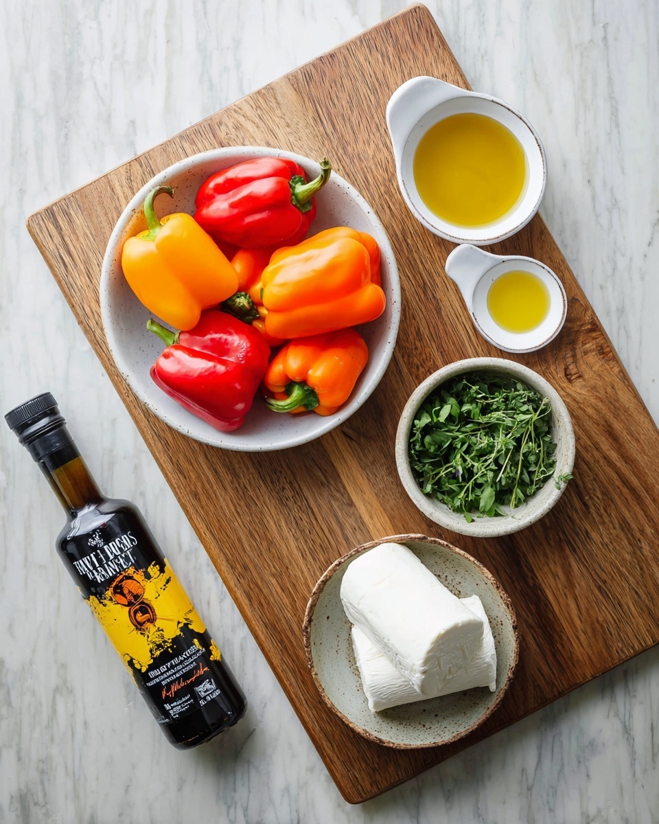 A wooden board holds several items arranged neatly on a white marbled surface. In the center left, there is a white bowl filled with a mix of small bell peppers in bright red, orange, and yellow colors, each smooth and shiny. To the right of the bowl, a small white dish contains a golden liquid, likely honey or oil. Below it, a small round ceramic bowl holds fresh green herbs. At the bottom right, there is a white rustic bowl with a soft white log-shaped cheese inside. To the bottom left of the board, a dark bottle with a yellow and black label lies diagonally, labeled as balsamic glaze. The whole setup is bright, colorful, and clean, with a fresh and natural feel. photo taken with an iphone --ar 4:5 --v 7