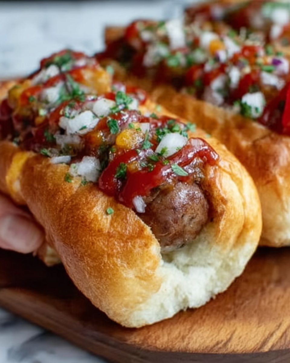 The image shows two hot dogs on a wooden board with a white marbled background. Each hot dog has three layers: the bottom layer is a soft, slightly browned bun with a light fluffy inside; the middle layer is a browned sausage fitting snugly inside the bun; the top layer has colorful toppings including small pieces of red and green chopped herbs, white onion bits, and bright red ketchup drizzled over the sausage. A woman's hand is holding the hot dog closest to the camera, focusing on the details of the toppings and bun texture. The photo taken with an iphone --ar 4:5 --v 7