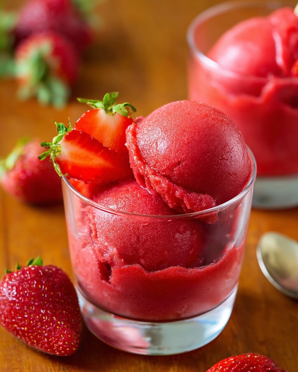 The image shows a clear glass cup filled with two scoops of bright red strawberry sorbet, each scoop smooth and slightly shiny with a soft texture. On the edge of the cup, there is a fresh strawberry half with green leaves, adding a touch of green and light red contrast. Around the cup, whole fresh strawberries rest on a warm wooden surface. In the background, there is another identical glass cup filled with strawberry sorbet, slightly out of focus. The scene is well-lit, highlighting the bright colors and creamy texture of the sorbet. photo taken with an iphone --ar 4:5 --v 7
