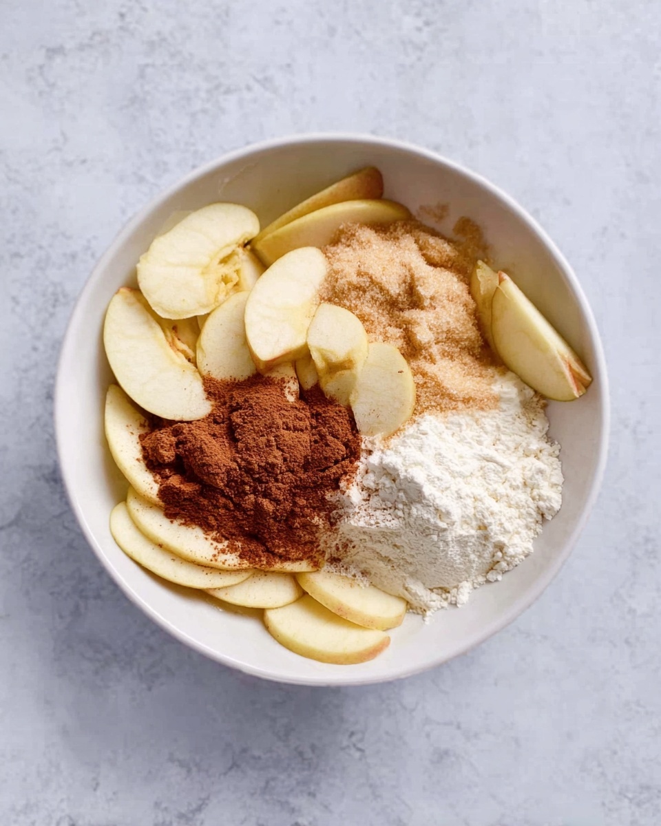 In a white bowl on a white marbled surface, thin apple slices are arranged around the edges, with three separate piles in the center: light brown sugar on the top left, white flour on the right, and reddish brown cinnamon powder near the middle. The textures vary from smooth apple slices to fine powders. The photo taken with an iphone --ar 4:5 --v 7