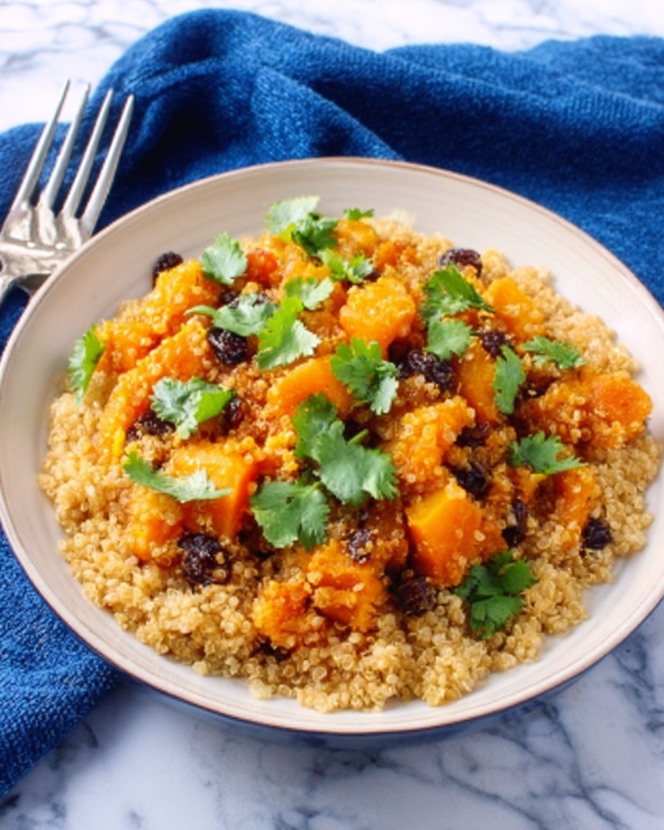 A white, shallow bowl filled with a bed of light beige quinoa, topped with bright orange chunks of cooked squash mixed with dark raisins. The dish is garnished with fresh green cilantro leaves scattered on top. The bowl is placed on a white marbled surface with a deep blue cloth in the background and a silver fork to the left. Photo taken with an iphone --ar 4:5 --v 7