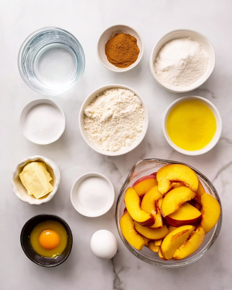 The image shows several small white bowls and one transparent bowl on a white marbled surface, each holding different baking ingredients neatly arranged. Starting from the top left, there is a small clear bowl with water, a small white bowl with brown sugar, a small white bowl with cinnamon powder, a small white bowl with lemon juice, and a small white bowl filled with white granulated sugar. Below these, there is a small white bowl with salt, a small white bowl with baking powder, and a small white bowl with melted butter. To the left on the bottom row, a black bowl contains granulated sugar, a white egg sits next to it, a transparent glass bowl holds orange-yellow melted butter, and a yellow bowl contains sour cream. On the far right, a large transparent bowl is filled with sliced peaches showing their yellow-orange flesh and reddish skin edges. The overall look is clean and organized, with the colors of the ingredients contrasting against the white marbled background. Photo taken with an iphone --ar 4:5 --v 7