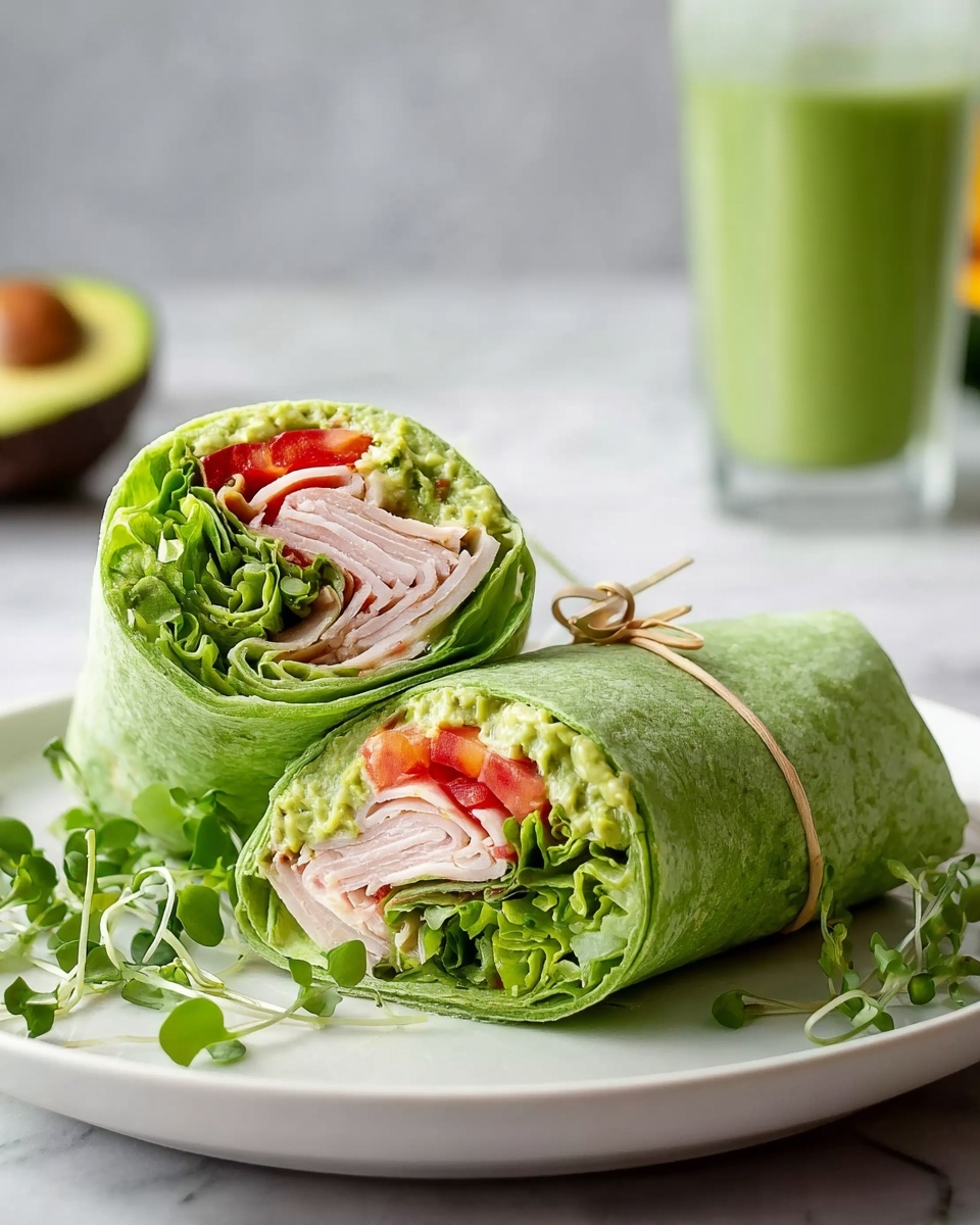 A green wrap cut in half shows three main layers inside: bright green lettuce on the outer edge, light pink sliced turkey meat in the middle, and red tomato slices with a touch of green avocado spread on top. Each half is held together with a toothpick and placed on a white plate with a few small green sprouts around it. The wrap surface looks soft and smooth. The background is a white marbled texture with a blurred glass container holding a green drink and half an avocado in the far back. photo taken with an iphone --ar 4:5 --v 7