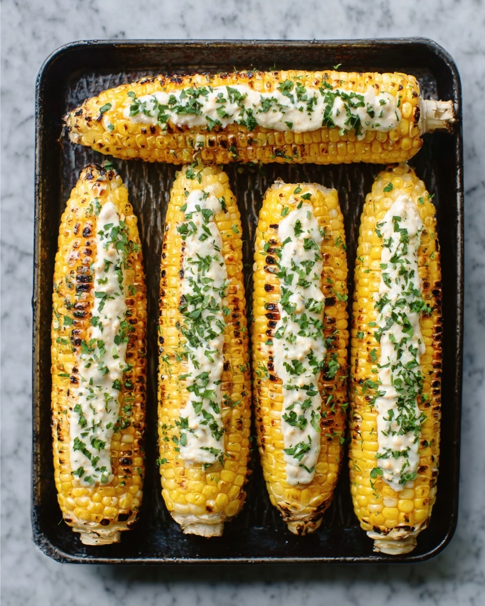 The image shows six ears of grilled corn placed side by side on a dark baking tray. Each corn ear has a creamy white sauce spread evenly on top, sprinkled with finely chopped green herbs. The corn kernels are golden yellow with some parts slightly charred, showing a grilled texture. The background is a white marbled surface. Photo taken with an iphone --ar 4:5 --v 7