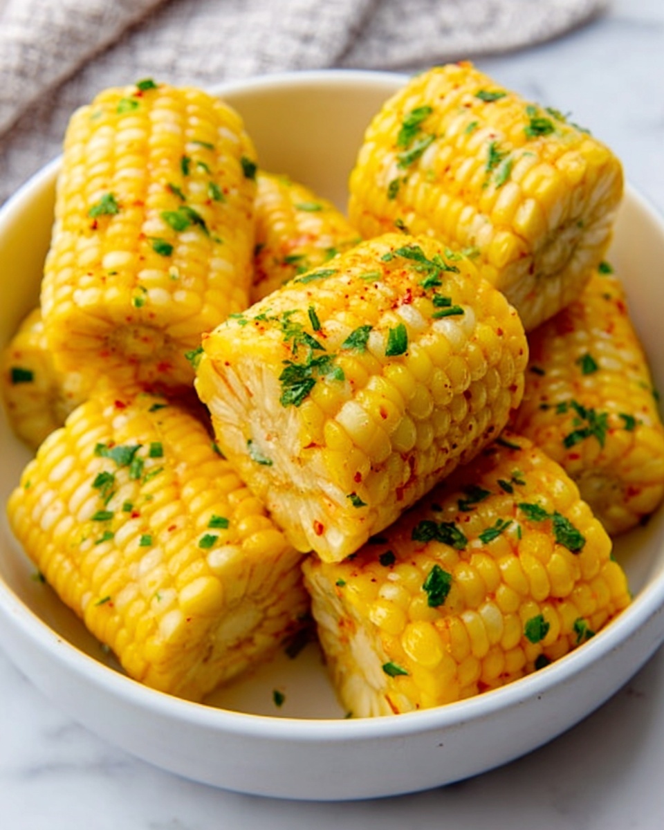 The image shows a white bowl filled with six pieces of corn on the cob, each cut into small sections. The corn has a bright yellow color with small spots of red seasoning and green herbs evenly sprinkled on top. The kernels look juicy and slightly shiny, giving a fresh and tasty appearance. The bowl is placed on a white marbled surface with soft lighting that highlights the texture of the corn and the seasoning. The overall look is clean and simple, making the corn the main focus of the image. photo taken with an iphone --ar 4:5 --v 7