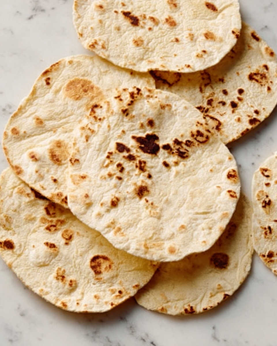 The image shows several round, flat tortillas with a slightly uneven shape. Their surface is light beige with some brown spots, showing they are cooked on a hot surface. The tortillas are spread out on a white marbled surface, some overlapping slightly, giving a natural, casual look. The texture looks soft with some rough edges. photo taken with an iphone --ar 4:5 --v 7