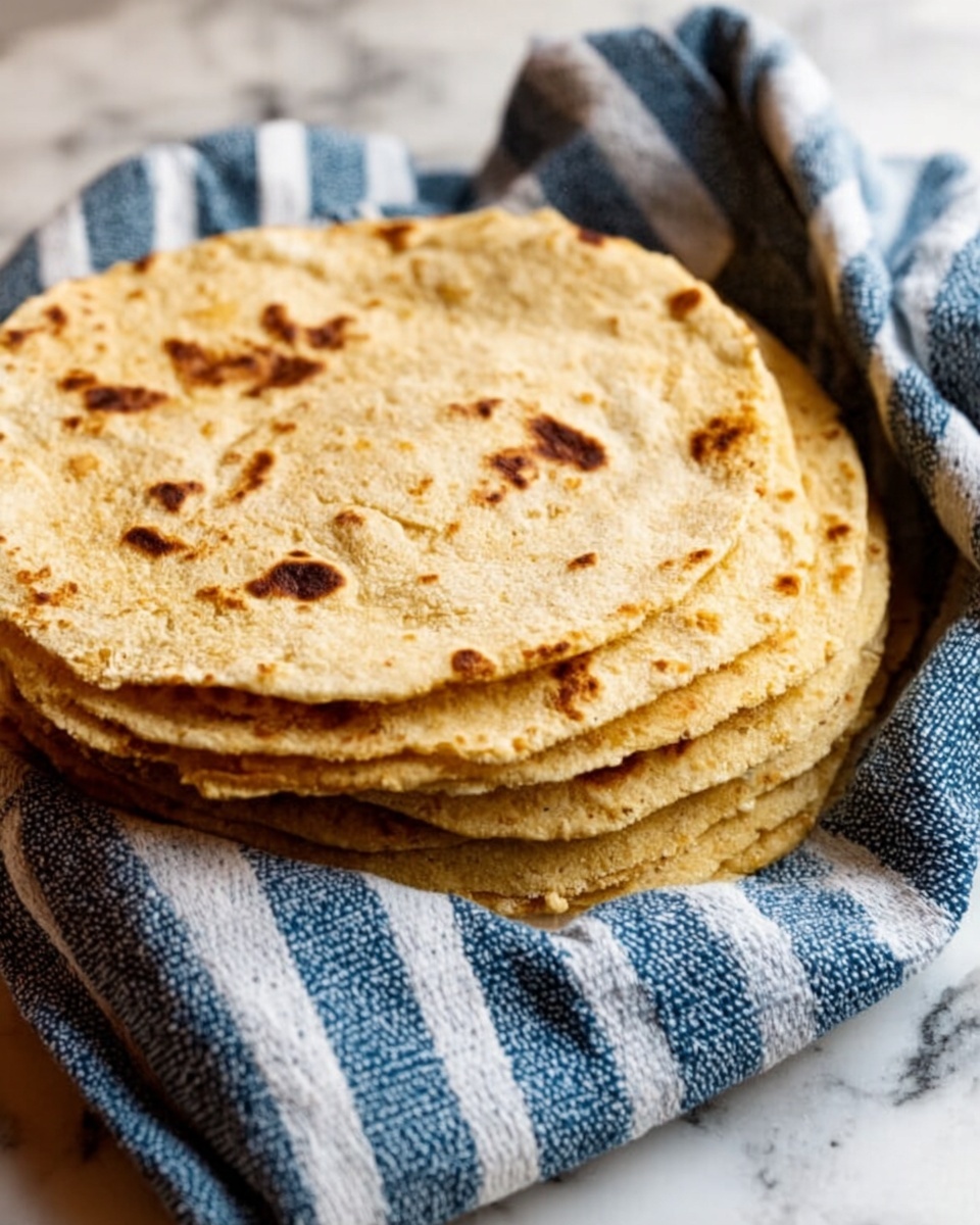 A stack of about six flatbread pieces with a golden brown color and some dark toasted spots lies on a striped blue and white cloth, placed on a white marbled surface. The flatbreads are round with slightly rough edges and a soft texture, showing subtle air bubbles and light browning patterns on top. The cloth is casually folded around the stack, adding a cozy, homemade feel to the scene. photo taken with an iphone --ar 4:5 --v 7