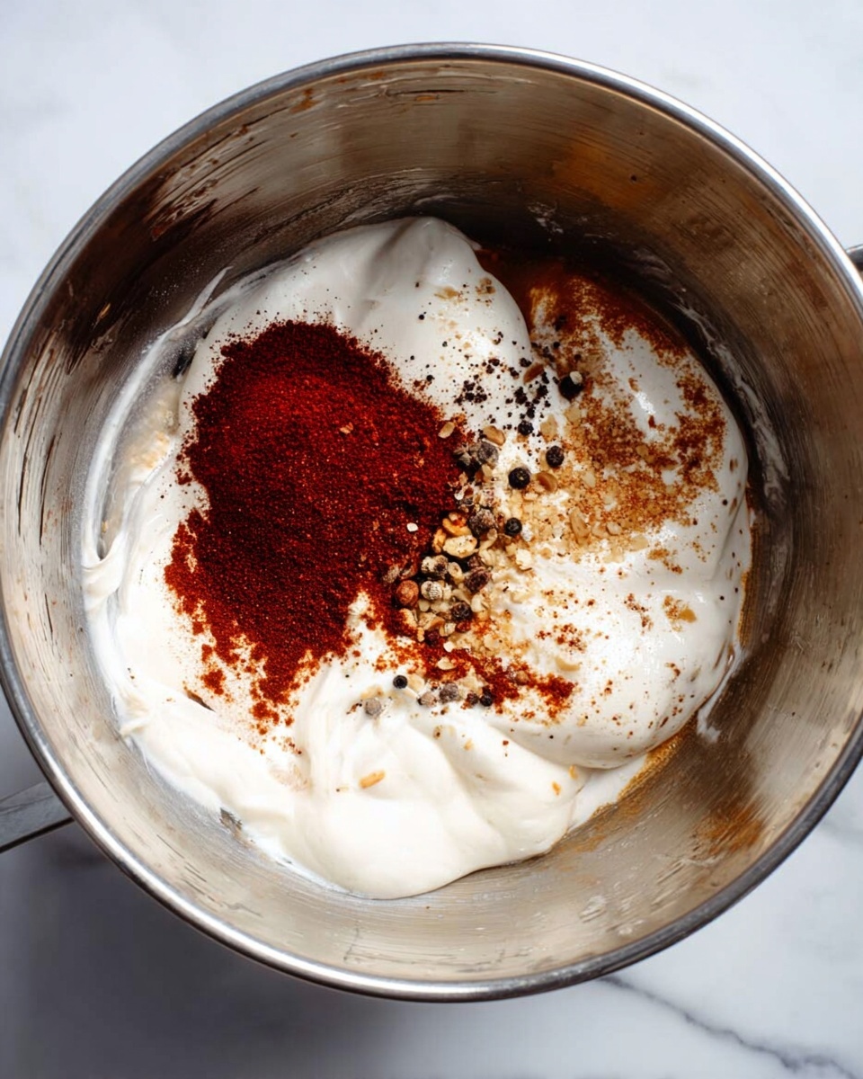 A shiny silver mixing bowl contains several layers of ingredients. The base layer is white and creamy, taking up most of the space. On top of this, there is a dusting of dark red powder piled to one side, with a small sprinkle of brownish-red flakes and black specks scattered unevenly across the white cream. The bowl is sitting on a white marbled surface. Photo taken with an iphone --ar 4:5 --v 7
