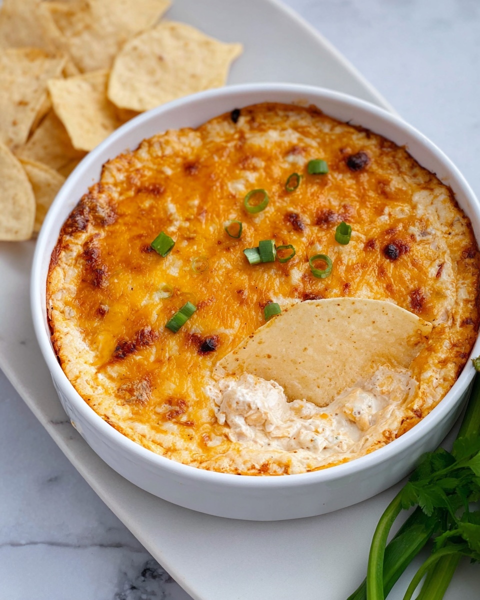 A white bowl filled with a creamy baked dip showing two layers: a golden brown melted cheese layer on top with a slightly bubbly texture and a creamy white base layer beneath it with visible small bits suggesting mixed ingredients, garnished with small green onion pieces scattered on top; three beige chips dipped into the creamy layer inside the bowl; a few chips and some green leafy garnish placed beside the bowl on a white marbled surface. Photo taken with an iphone --ar 4:5 --v 7