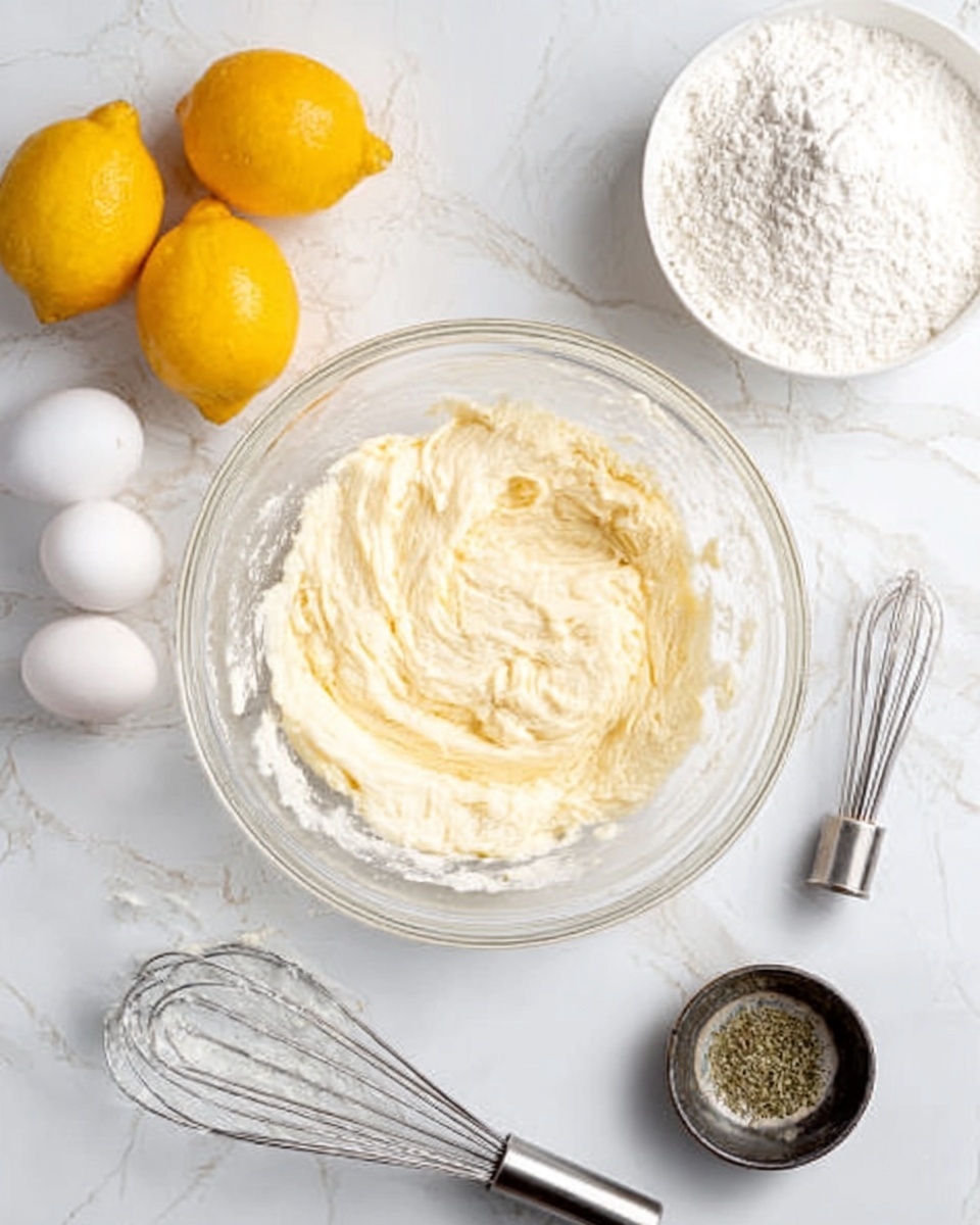 The image shows a clear glass bowl filled with a light, creamy dough placed on a white marbled surface. Around it, there are three whole white eggs near the bowl, and two yellow lemons stacked together on the top left side. To the right of the bowl, there is a small white bowl with white flour and a metal whisk resting on it, and below it, a small dark bowl containing a greenish spice or herb. Additionally, two metal beaters with some cream clinging to them lie near the glass bowl, completing the setup. photo taken with an iphone --ar 4:5 --v 7