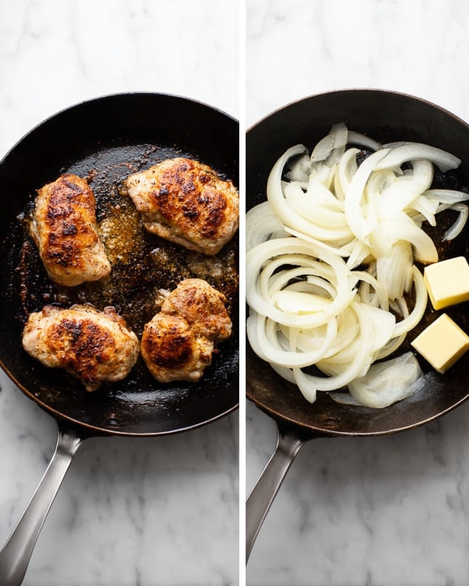 The image shows two views of a dark cast iron pan on a white marbled surface. On the left, there are four browned cooked pieces of chicken placed in the pan, with a golden crust and some darker seared spots. On the right, the same pan holds several sliced white onions in curved layers, layered irregularly, along with two small cubes of pale yellow butter melting at the bottom right side. The pan's handle is visible and rests on the white marbled surface. photo taken with an iphone --ar 4:5 --v 7