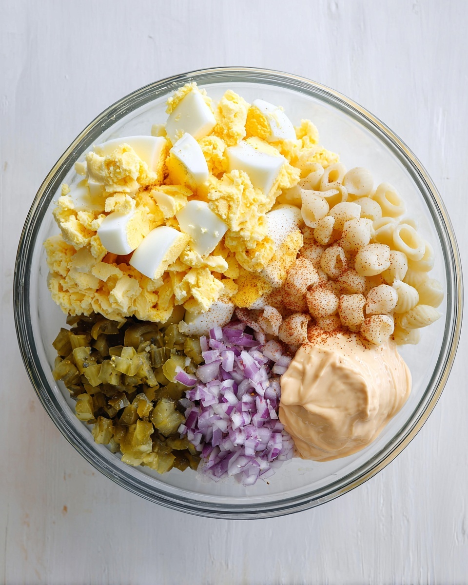 A clear glass bowl sits on a white marbled surface, filled with several visible layers of ingredients arranged side by side. On the left, there is a large pile of chopped hard-boiled eggs with bright yellow yolks and white surrounding pieces. Moving right, there is a small cluster of light beige cooked pasta shells. Next to the pasta, there is a layer of finely diced green pickles. Below the pickles, a small heap of finely chopped purple onions rests. At the bottom right, there is a generous dollop of thick, creamy pale orange dressing or mayonnaise. Spices and seasonings are sprinkled in the middle, visible as a mix of beige and reddish powders on top of the pasta. All ingredients are separate and unmixed, showing clear textures and colors photo taken with an iphone --ar 4:5 --v 7