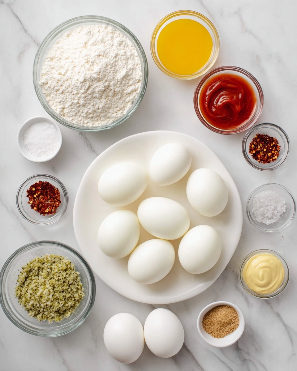 The image shows a white plate filled with twelve smooth, white hard boiled eggs arranged in close groups on a white marbled surface. To the right of the plate, there are three small clear glass bowls placed vertically, containing bright red sauce, yellow mustard, and white mayonnaise with a soft texture, respectively. Below the plate and sauces, there are two white eggs next to a small white bowl of red chili flakes, another bowl of salt, and one more bowl with black pepper. To the left, two bigger clear glass bowls hold white flour and seasoned breadcrumbs with green and brown specks, while a smaller clear bowl with green relish is placed in front of the flour. A single small white bowl also holds a light brown powder spice near the bottom right. Everything is set on a white marbled surface with even lighting, photo taken with an iphone --ar 4:5 --v 7