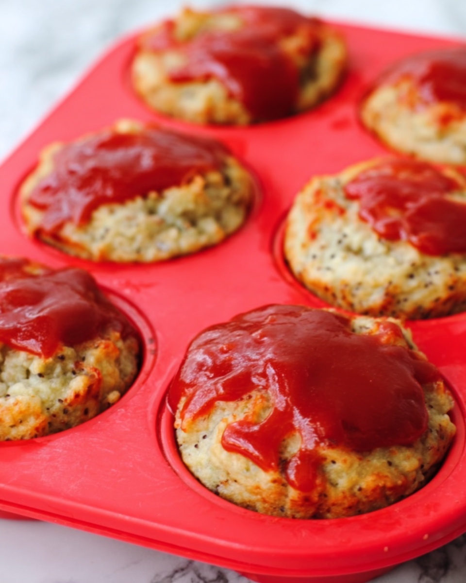 A close-up image of a red silicone muffin tray with six round baked items inside. Each item has a golden-brown base with small dark specks and is topped with a shiny layer of bright red sauce spread unevenly over the top. The texture of the baked part looks soft and slightly crumbly, while the sauce is smooth. The background is a white marbled surface. photo taken with an iphone --ar 4:5 --v 7