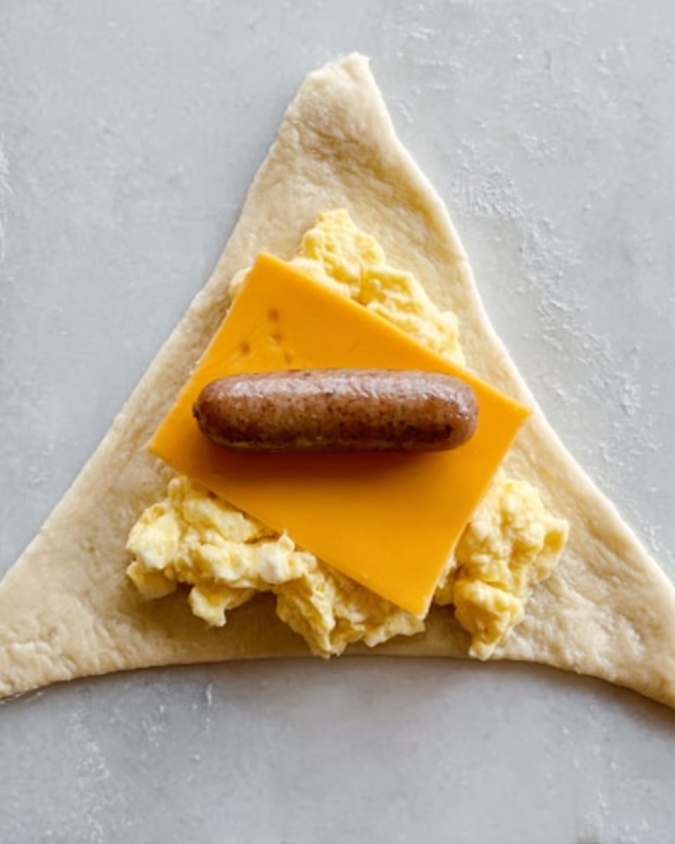 The image shows a piece of triangular dough placed on a white marbled surface. On the bottom part of the dough, there is a layer of scrambled eggs that look soft and yellow. Above the eggs in the middle, there is a slice of bright orange cheese. On top of the cheese, near the wide edge of the dough, there is a single brown sausage link. The dough edges are bare and ready to be folded around the filling. Photo taken with an iphone --ar 4:5 --v 7