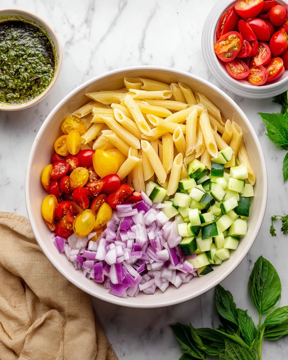 A white bowl filled with four layers of food divided neatly: the top left section has cooked penne pasta with a light yellow color, the bottom left has red and yellow cherry tomato halves, the bottom right contains chopped cucumber pieces in light and dark green shades, and the top right shows chopped purple onion with white centers. Beside the bowl, there is a small white bowl with extra cherry tomatoes and a white bowl with green herb sauce. The bowls are placed on a white marbled surface with some green leaves and a beige cloth nearby. Photo taken with an iphone --ar 4:5 --v 7