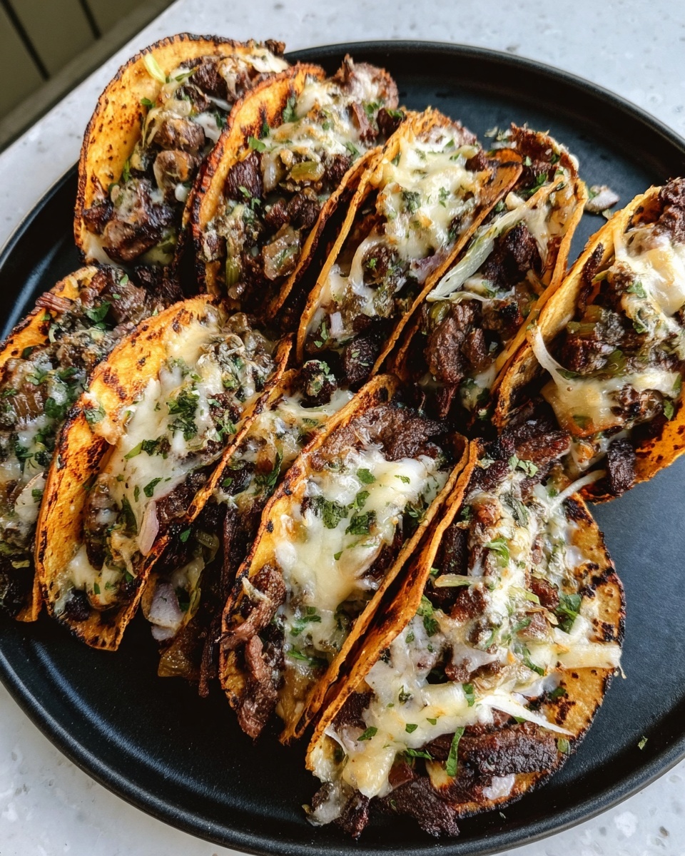 Steak Tacos with Creamy Chipotle Sauce Recipe 5 A black plate holds around nine small tacos arranged closely together. Each taco has two browned, slightly crispy tortillas forming a shell filled with a mix of dark brown cooked meat pieces, melted creamy white cheese with green herbs mixed in, and some small bits of onion. The tortillas show some charred spots, giving a crunchy look. The taco filling looks juicy and savory with melted cheese stretching in places. The scene has a white marbled table surface underneath. photo taken with an iphone --ar 4:5 --v 7