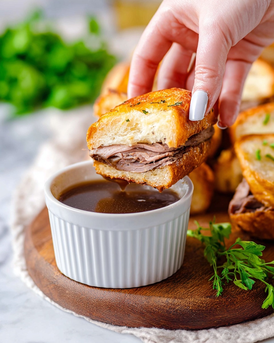 Quick and Easy French Dip Sliders Recipe 5 A close-up image shows a woman's hand holding a sandwich piece about to dip it into a white ridged sauce cup filled with dark brown gravy. The sandwich has two visible layers: soft, light golden bread on the top and bottom, and a thick middle layer of thinly sliced brown meat. The sandwich’s outside is slightly crispy. In the background, some more sandwich pieces are placed on a wooden board, and there are sprigs of fresh green herbs nearby. The scene is set on a white marbled surface. photo taken with an iphone --ar 4:5 --v 7