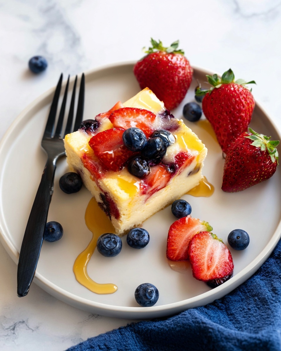 A white plate on a white marbled surface holds a single square piece of creamy yellow cheesecake with visible slices of red strawberries and dark blue blueberries embedded inside. The cheesecake is topped with a drizzle of shiny golden syrup that flows slightly onto the plate. Around the cheesecake, there are scattered fresh, bright red strawberries with green tops and several small, round blueberries. A black fork rests on the left side of the plate, and a blue cloth is partially visible at the bottom right edge of the scene. Photo taken with an iphone --ar 4:5 --v 7