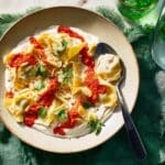 Mushroom Manti with Garlic Yogurt and Tomato Sauce Recipe