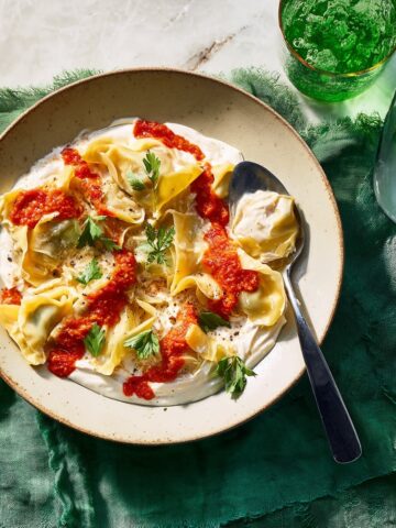 Mushroom Manti with Garlic Yogurt and Tomato Sauce Recipe