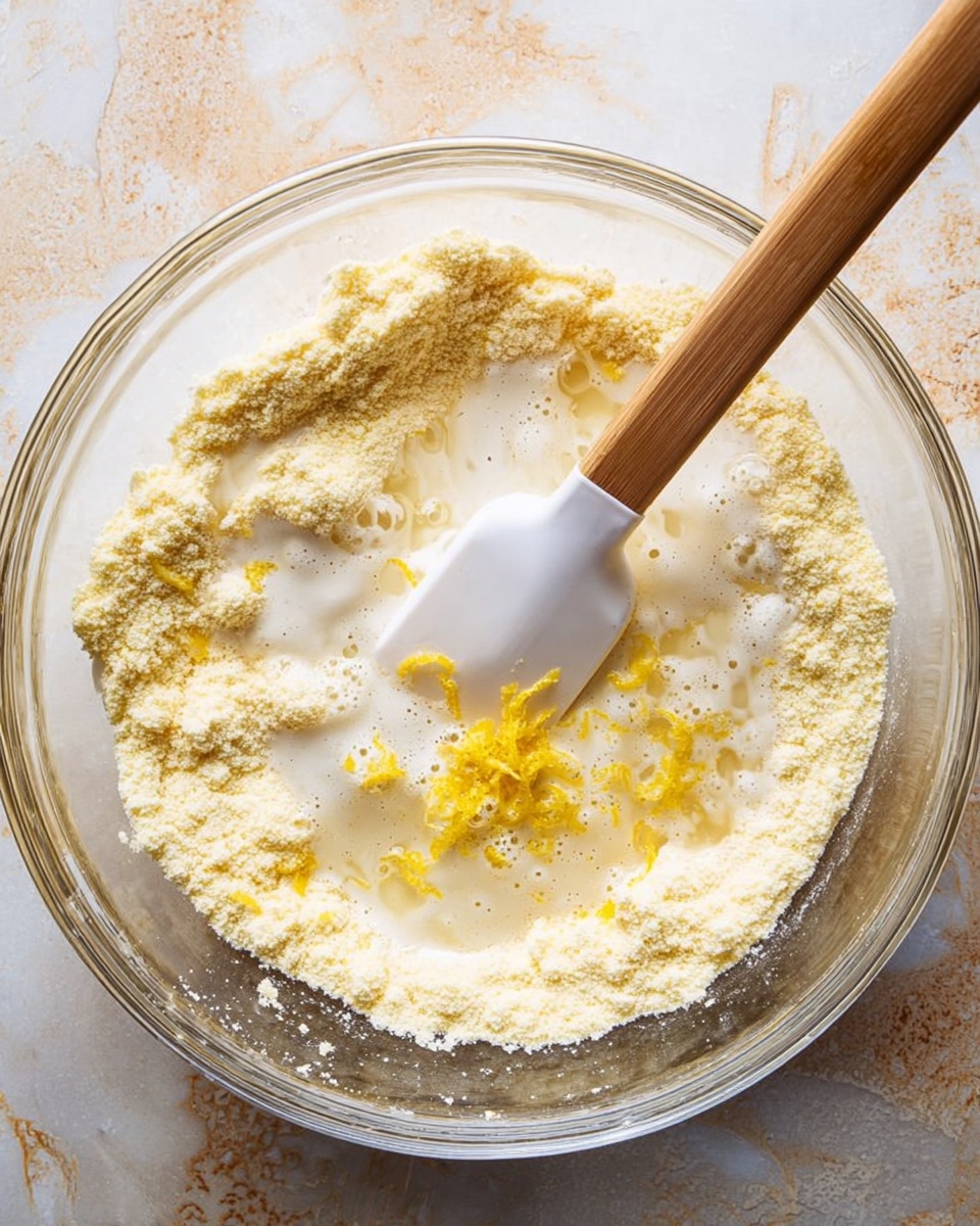 Keto Lemon Bread Recipe 4 A clear glass bowl holds a mixture with three visible layers: a thick, grainy light yellow powder around the edge, a foamy pale liquid in the center with small bubbles, and some bits of bright yellow zest scattered on top, mostly in the middle. A white spatula with a wooden handle is partly inside the bowl, touching the mixture as if stirring it. The bowl sits on a white marbled surface with a rustic look. Photo taken with an iphone --ar 4:5 --v 7