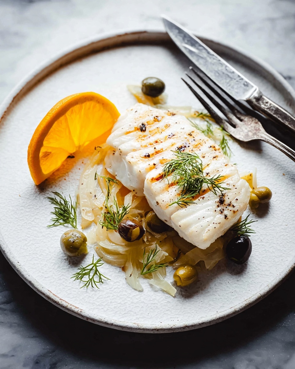 On a white plate with a slightly rough texture lies a piece of grilled white fish with light grill marks and some black pepper on top. Underneath the fish is a small layer of thinly sliced cooked onions in a pale golden color. Around the fish are green and black olives scattered, along with small green dill sprigs placed near and on top of the onions. To the left of the fish, there is a bright yellow-orange slice of cooked citrus fruit with a shiny surface. A silver fork and knife rest at the top edge of the plate. The plate sits on a white marbled surface. photo taken with an iphone --ar 4:5 --v 7