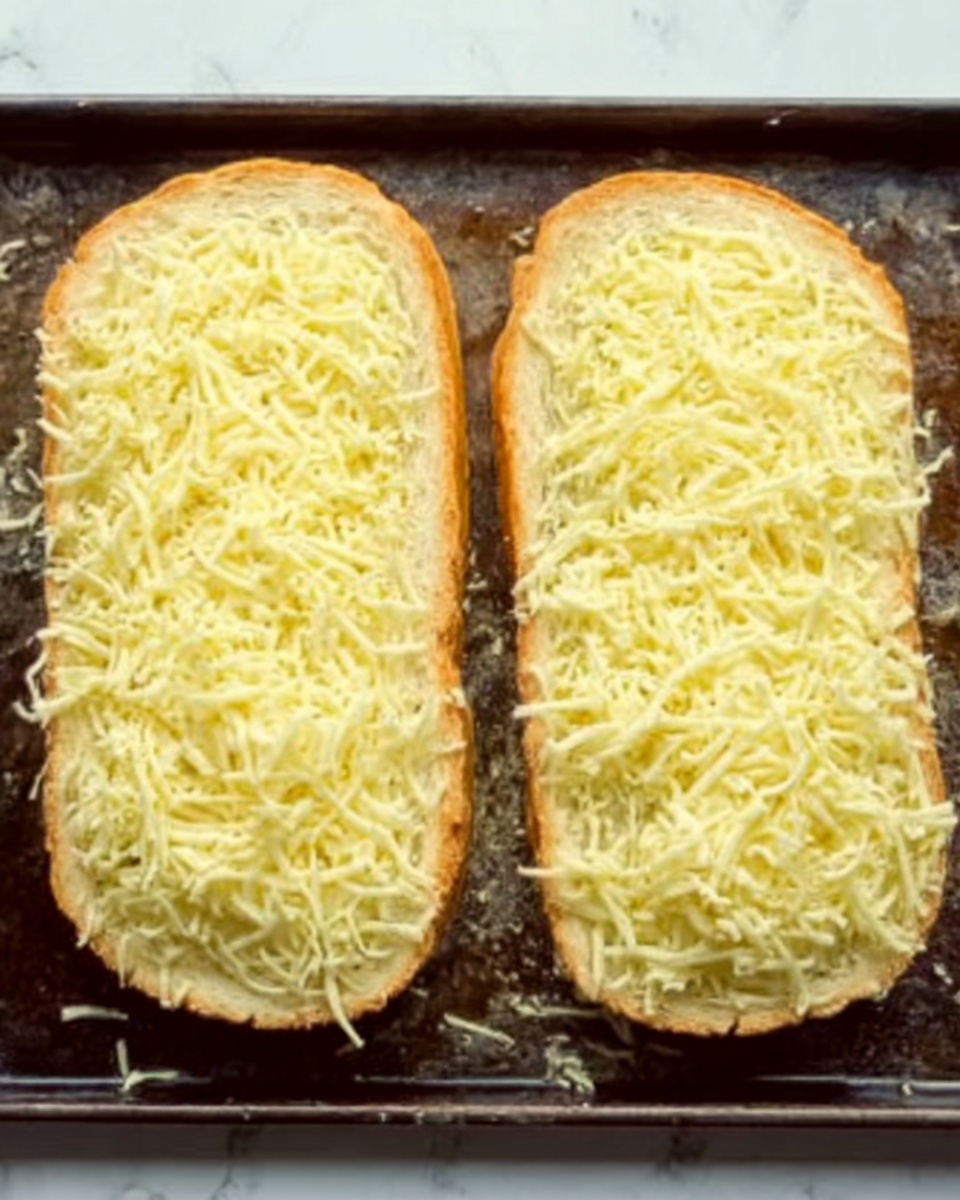 The image shows two slices of bread lying side by side on a dark baking sheet. Each slice is covered evenly with a layer of shredded cheese that is light yellow in color and has a soft, slightly rough texture. The cheese fully covers the surface of the bread, with small gaps where the bread is visible under the cheese. The bread has a golden-brown crust and a pale yellow inner part. The baking sheet has some light marks and scratches, and the background is a white marbled texture. Photo taken with an iphone --ar 4:5 --v 7