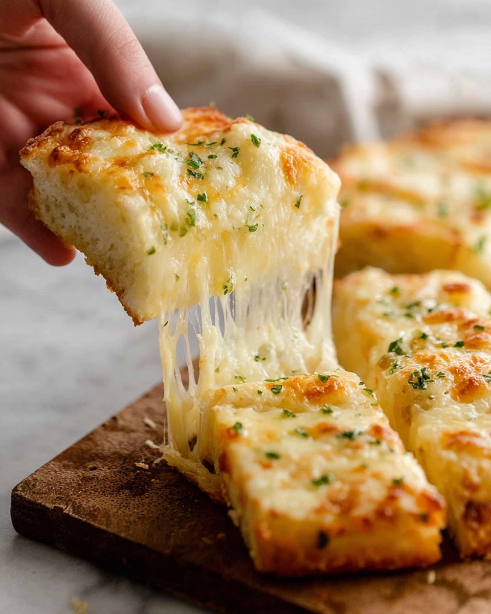 The image shows three long, golden-yellow baked items covered with melted cheese that stretches between the pieces. The top layer is a bubbly and slightly browned cheese with small green herb bits sprinkled on top, adding a pop of color. The texture of the cheese is smooth with some melted strings hanging down from the sides. The baked items are arranged close together on a wooden surface that has been replaced by white marbled texture. Photo taken with an iphone --ar 4:5 --v 7